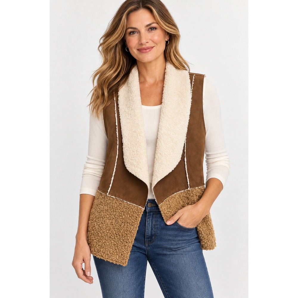 Chicos Faux Suede Sherpa Vest Womens M Brown Excellent Open Front Shawl Collar